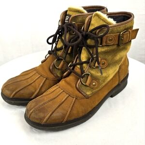Ugg Cecile Leather Brown Lace-Up Ankle Boots with Buckle Sz 9